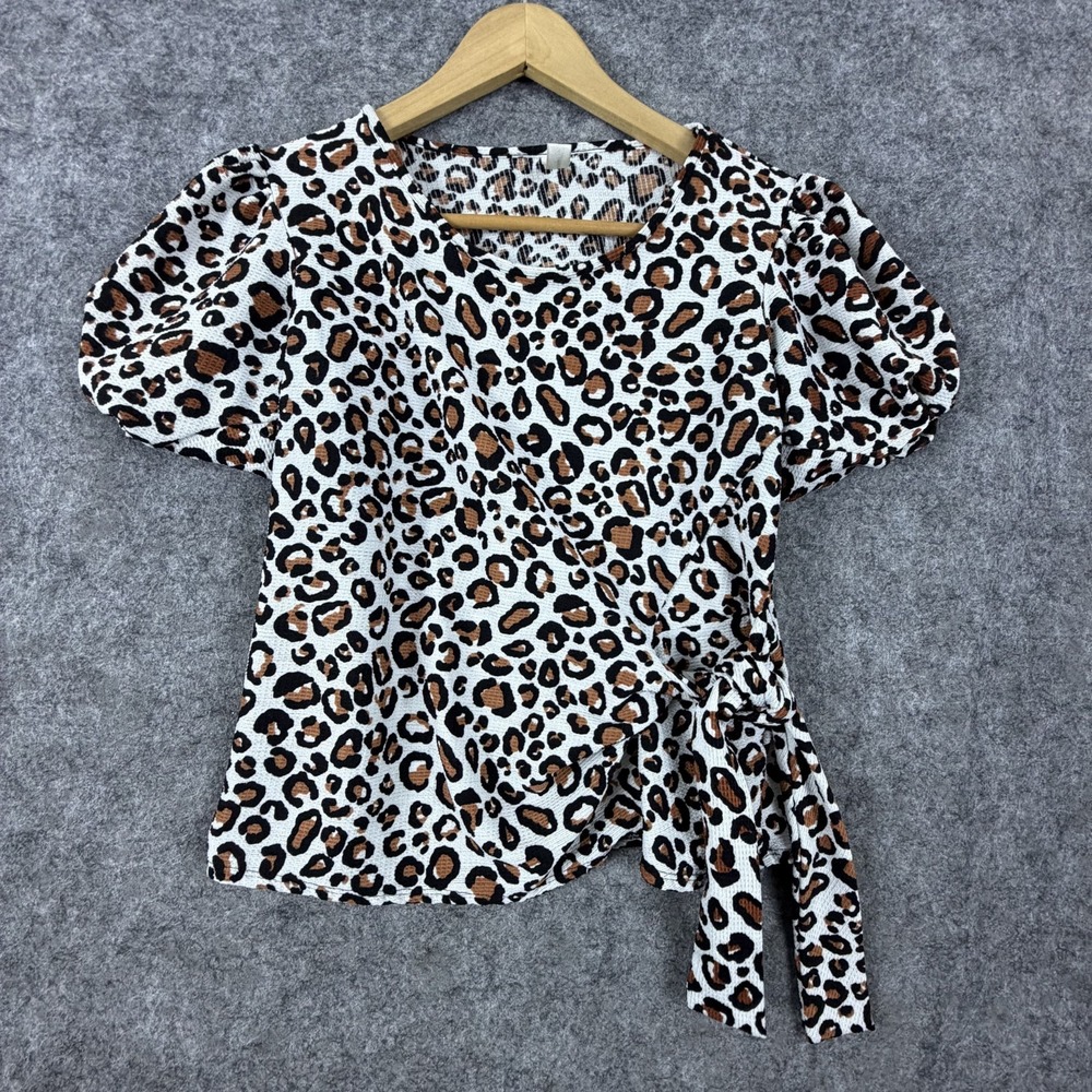 Perseption Concept Wrap Top Women Small Brown Leopard Office Siren Side Tie